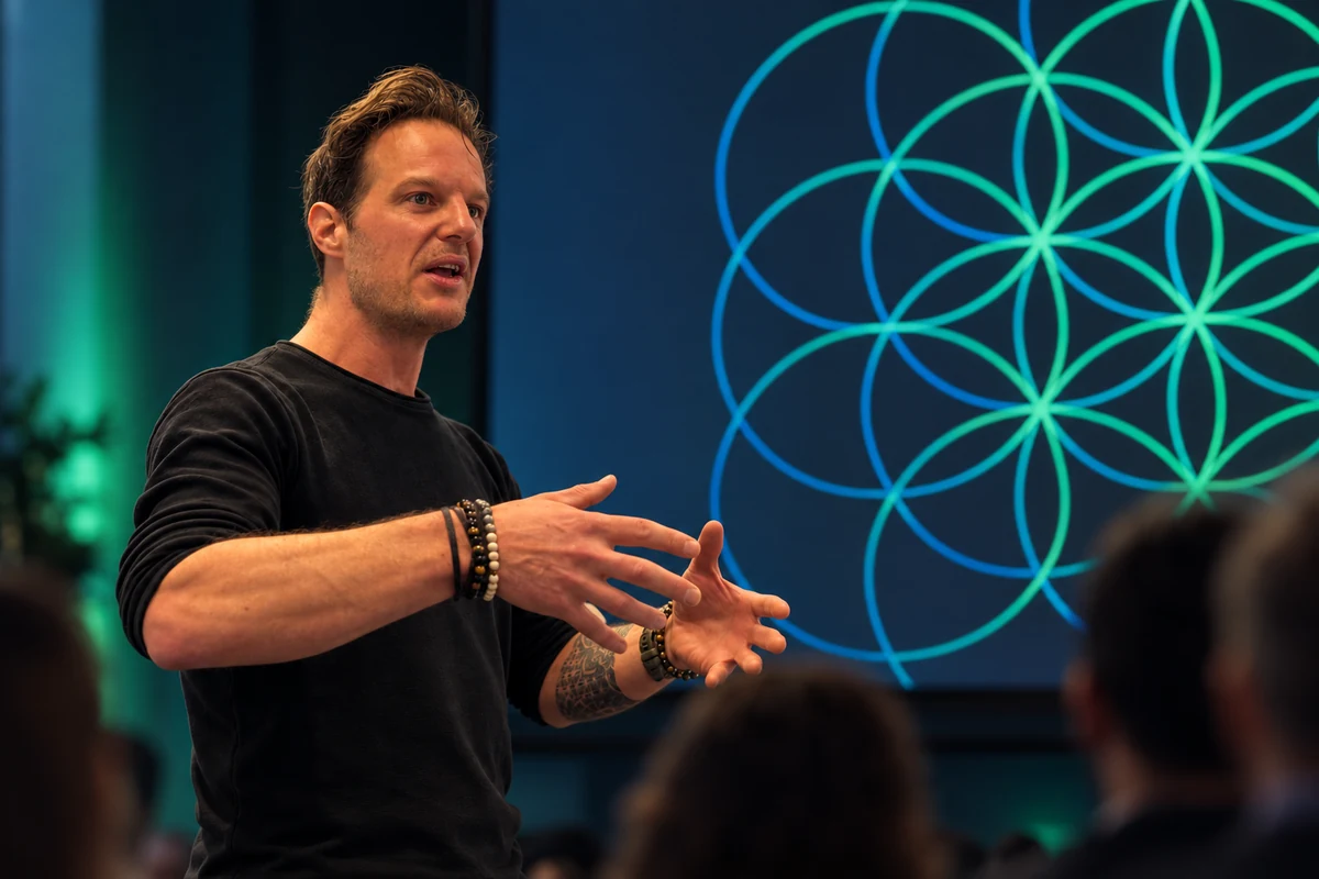 Bart presenteert voor een blauwgroen geometrisch scherm. Foto bewerkt met AI.