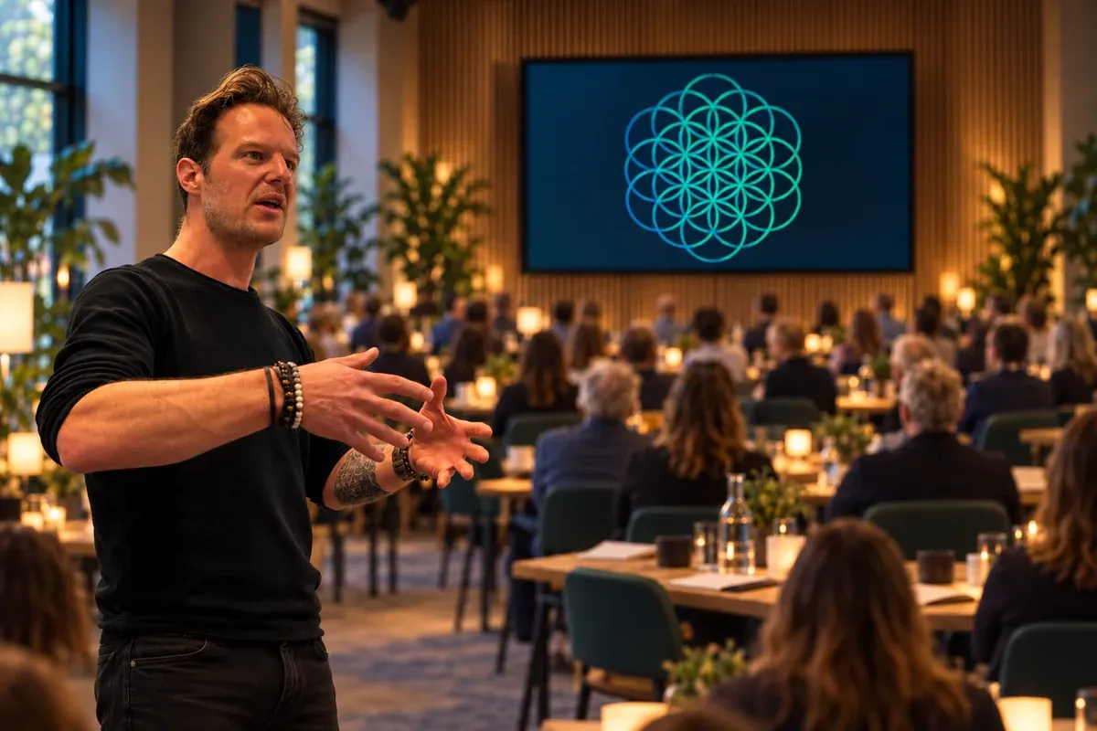 Bart geeft een training in een warme workshopzaal. Foto bewerkt met AI.